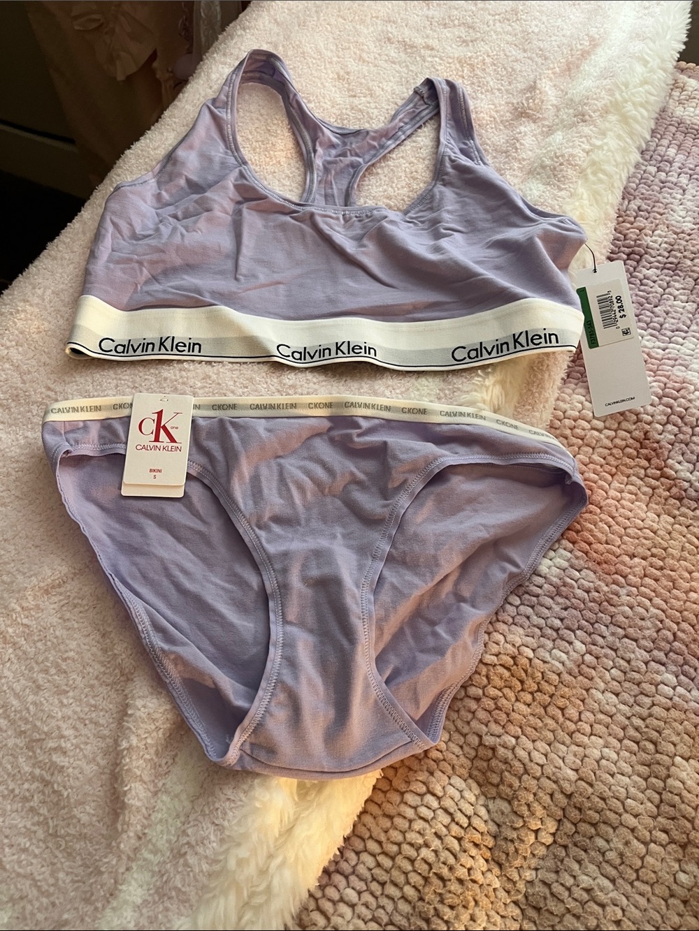 Calvin Klein Lilac Logo Band Bralette & Bikini Set (L top, S bottom)